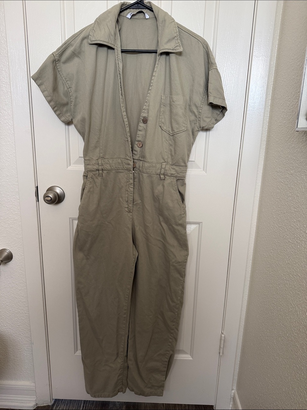 Zara Olive Green Short-Sleeve Utility Jumpsuit